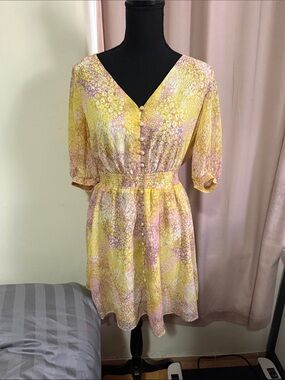 😇 Yellow & Pink Floral V-Neck Elastic Waist Dress